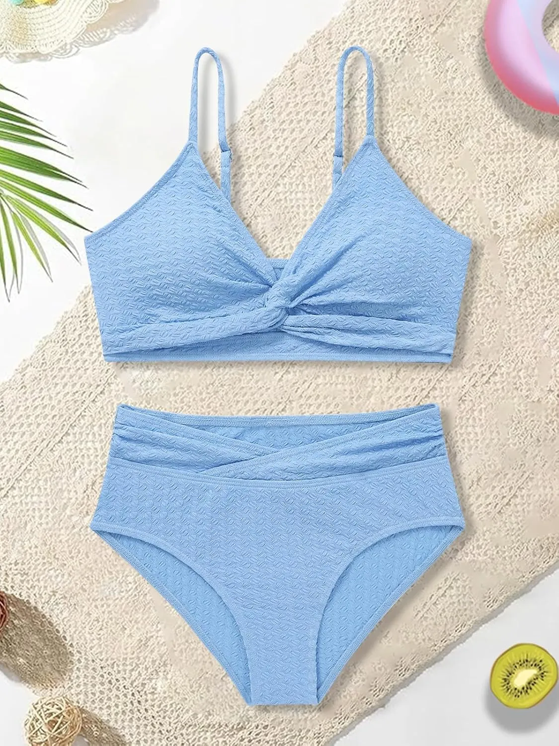 Girls Swimsuit Solid Bathing Suit 2 Piece Twist Cross Adjustable Straps Bikinis for Teen Girls with Chest Pad