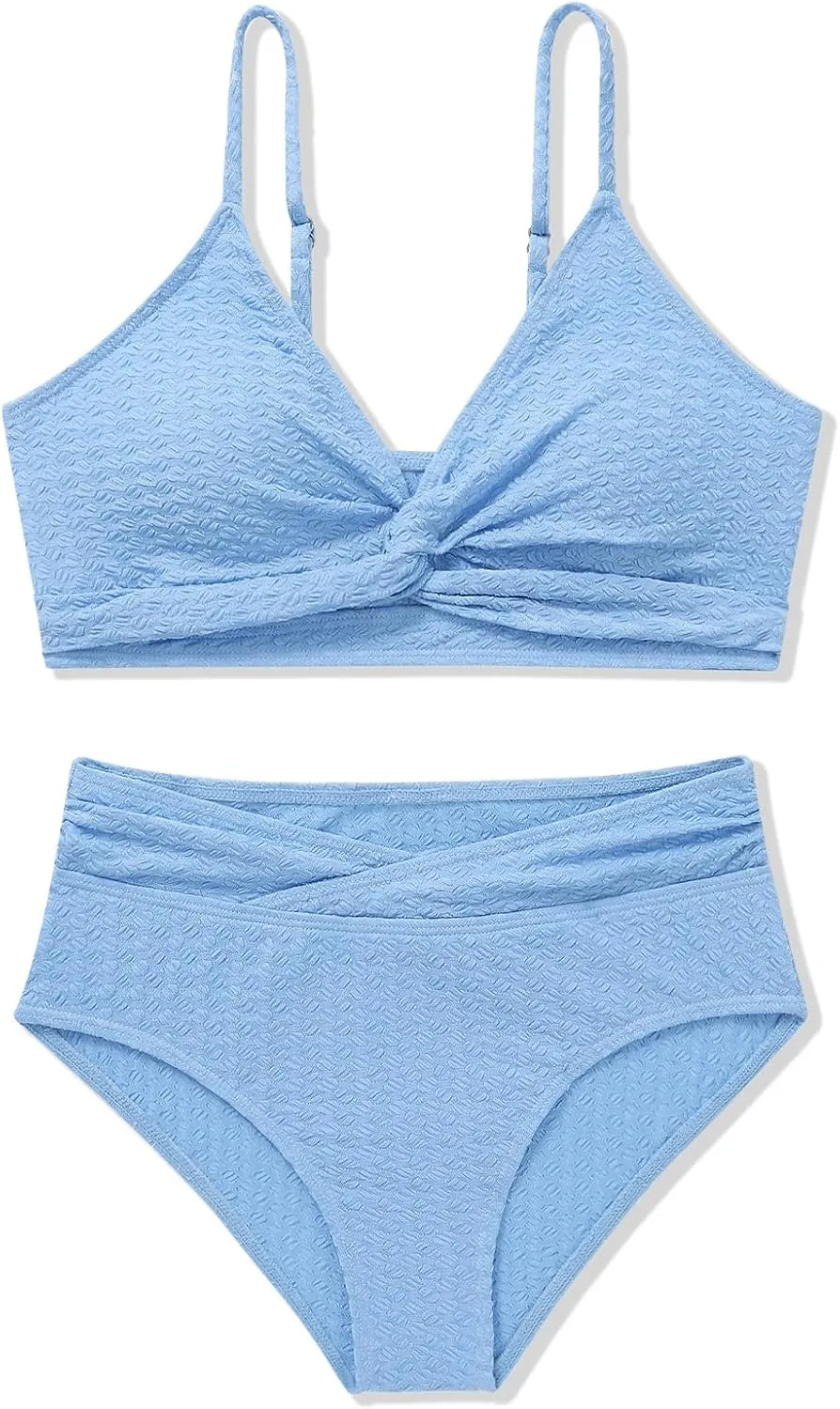 Girls Swimsuit Solid Bathing Suit 2 Piece Twist Cross Adjustable Straps Bikinis for Teen Girls with Chest Pad