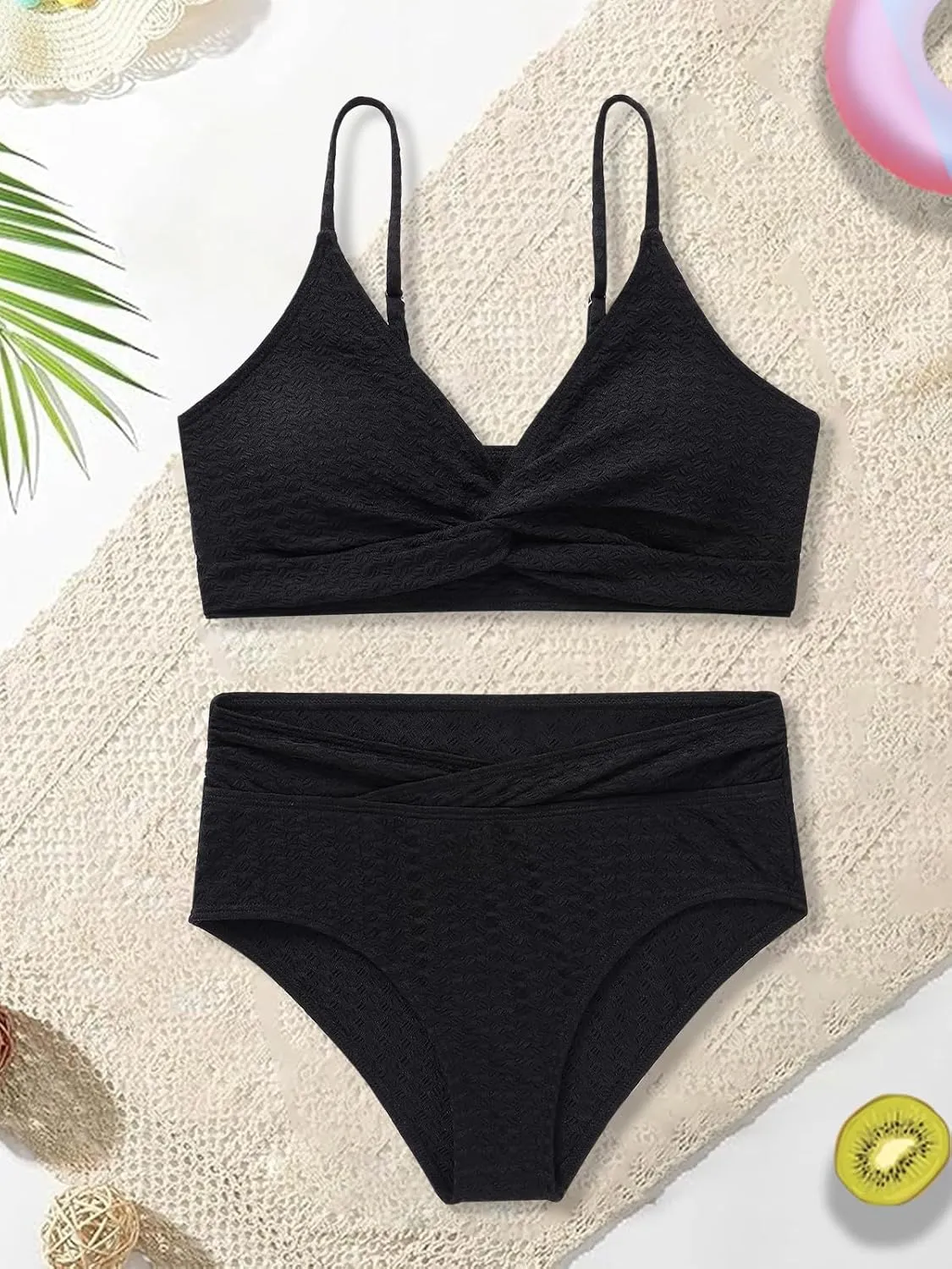 Girls Swimsuit Solid Bathing Suit 2 Piece Twist Cross Adjustable Straps Bikinis for Teen Girls with Chest Pad