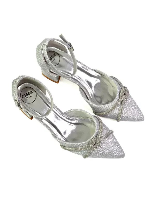 Gracie Diamante Strappy Mid Block Heel Sandals With a Pointed Toe in Black