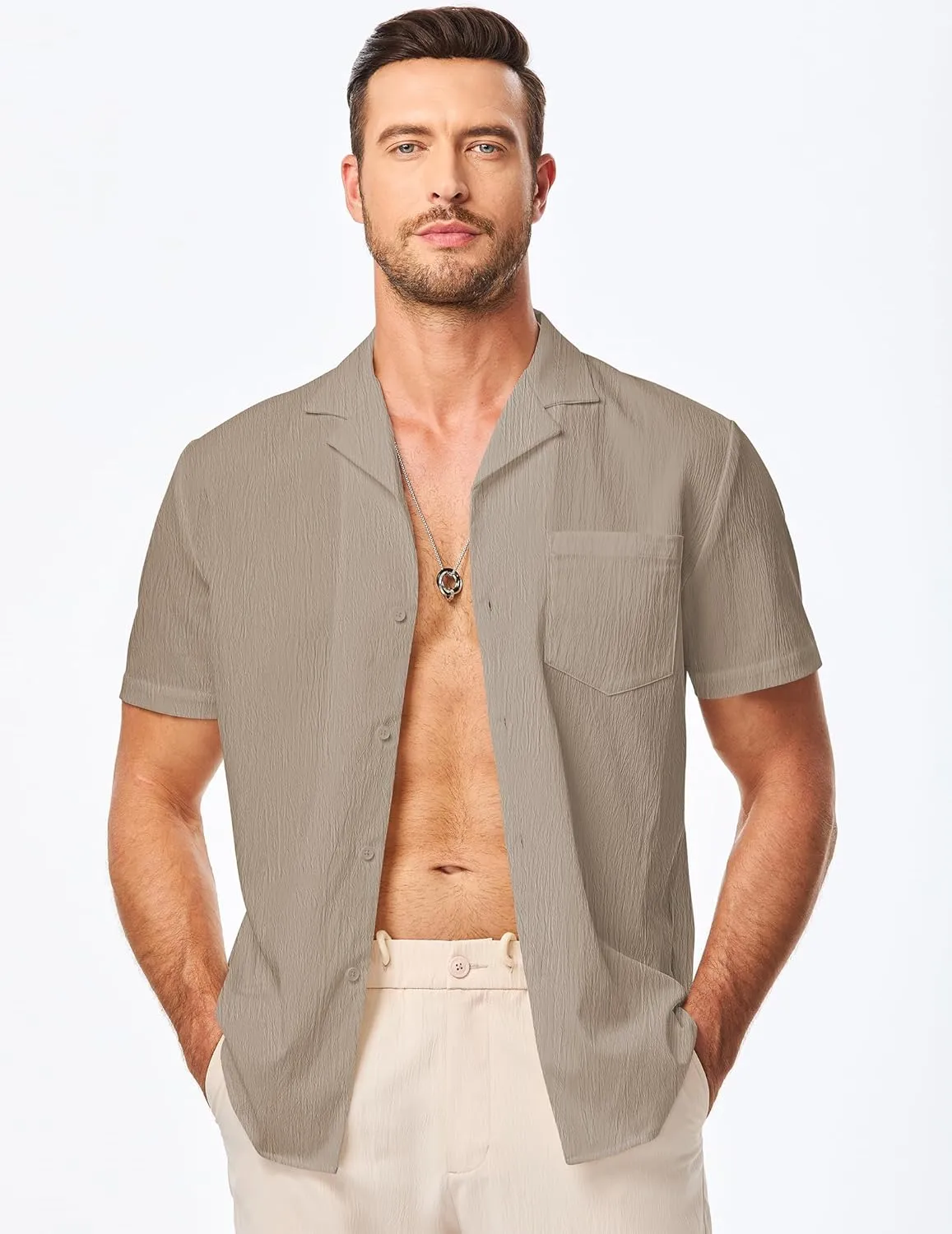JMIERR Men's Casual Button Down Shirts Short Sleeve Textured Summer Beach Shirt Cuban Vacation Shirts with Pocket