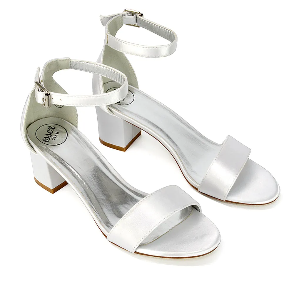 RITA BUCKLE UP ANKLE STRAP LOW MID-BLOCK HIGH HEEL SANDALS IN IVORY SATIN