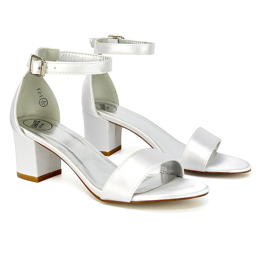 RITA BUCKLE UP ANKLE STRAP LOW MID-BLOCK HIGH HEEL SANDALS IN IVORY SATIN