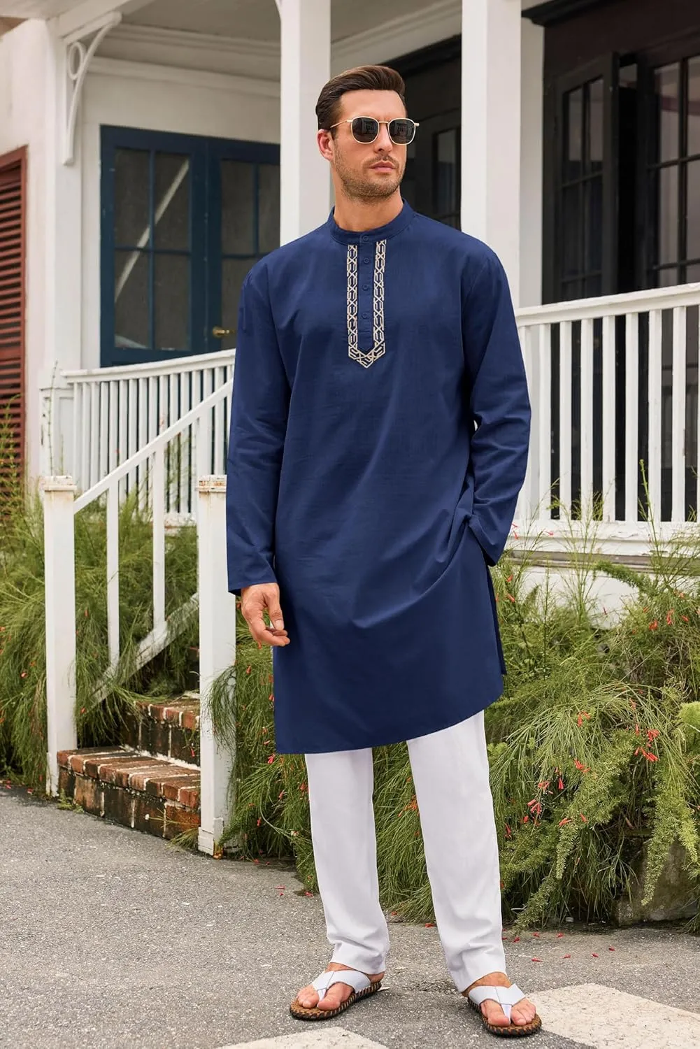 Runcati Mens Kaftan Thobe Button Down Casual Henley Shirts Long Sleeve Robe Cotton Linen Muslim Gown Shirt