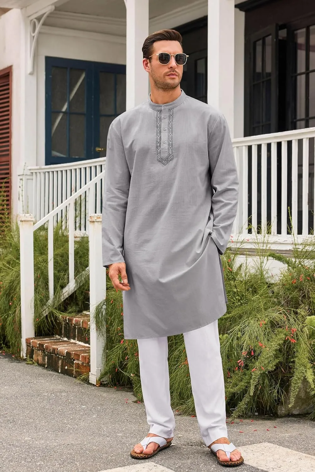 Runcati Mens Kaftan Thobe Button Down Casual Henley Shirts Long Sleeve Robe Cotton Linen Muslim Gown Shirt