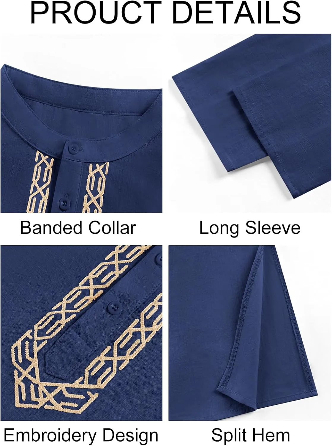 Runcati Mens Kaftan Thobe Button Down Casual Henley Shirts Long Sleeve Robe Cotton Linen Muslim Gown Shirt