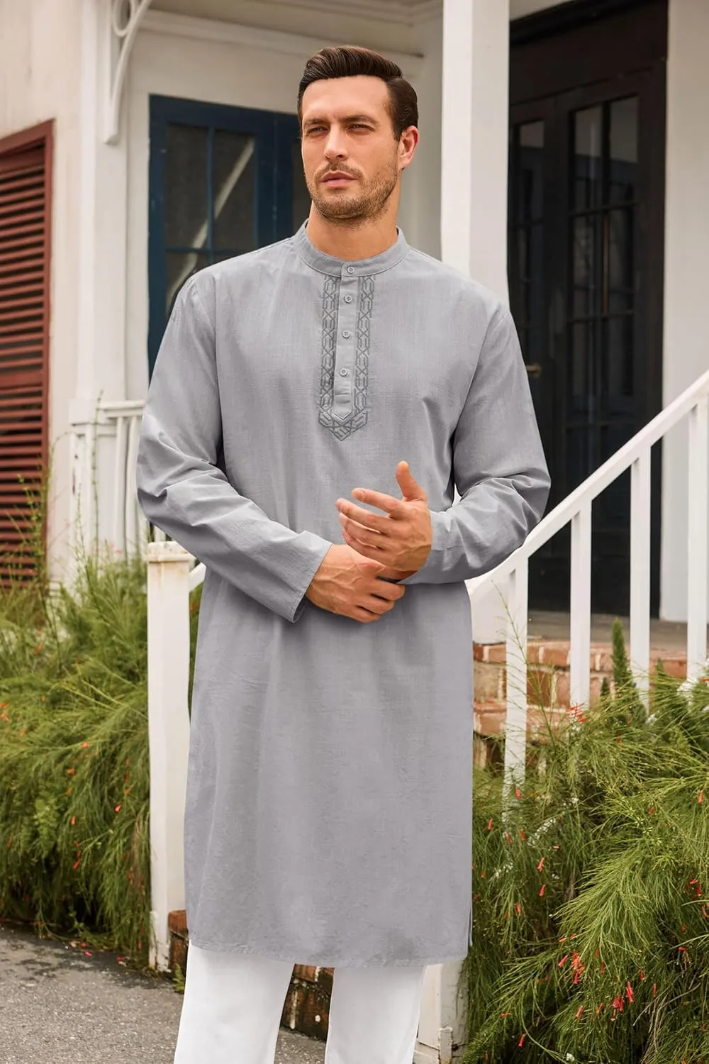 Runcati Mens Kaftan Thobe Button Down Casual Henley Shirts Long Sleeve Robe Cotton Linen Muslim Gown Shirt
