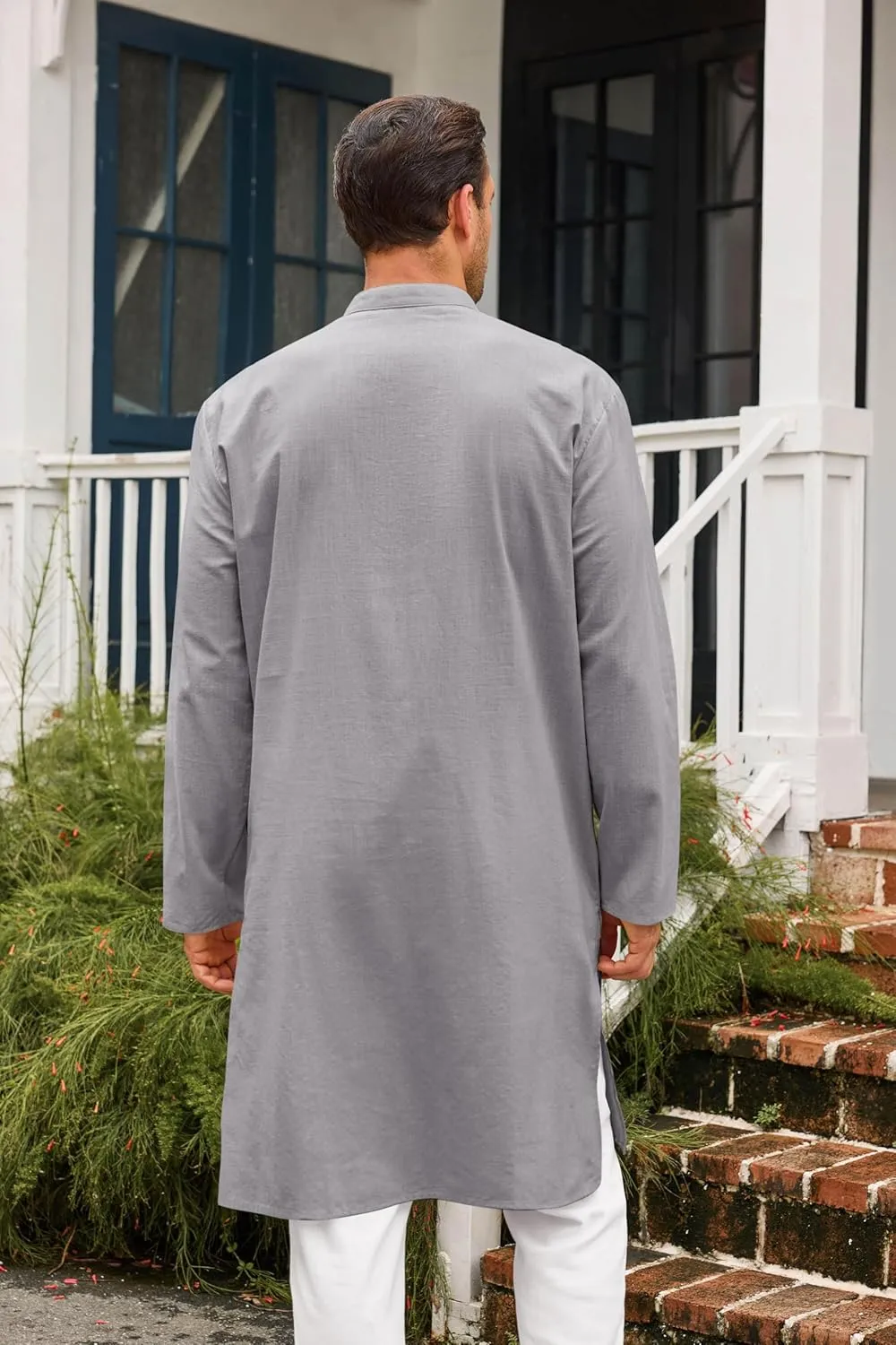 Runcati Mens Kaftan Thobe Button Down Casual Henley Shirts Long Sleeve Robe Cotton Linen Muslim Gown Shirt