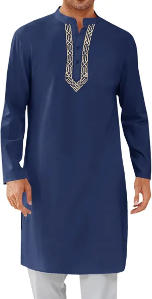 Runcati Mens Kaftan Thobe Button Down Casual Henley Shirts Long Sleeve Robe Cotton Linen Muslim Gown Shirt