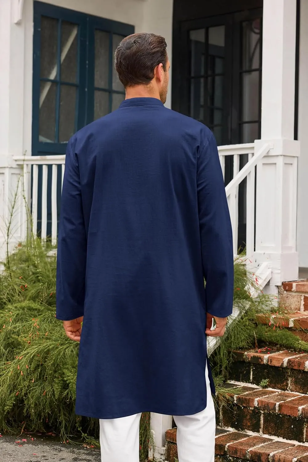 Runcati Mens Kaftan Thobe Button Down Casual Henley Shirts Long Sleeve Robe Cotton Linen Muslim Gown Shirt