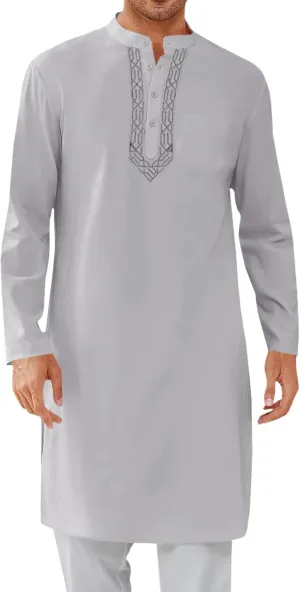 Runcati Mens Kaftan Thobe Button Down Casual Henley Shirts Long Sleeve Robe Cotton Linen Muslim Gown Shirt